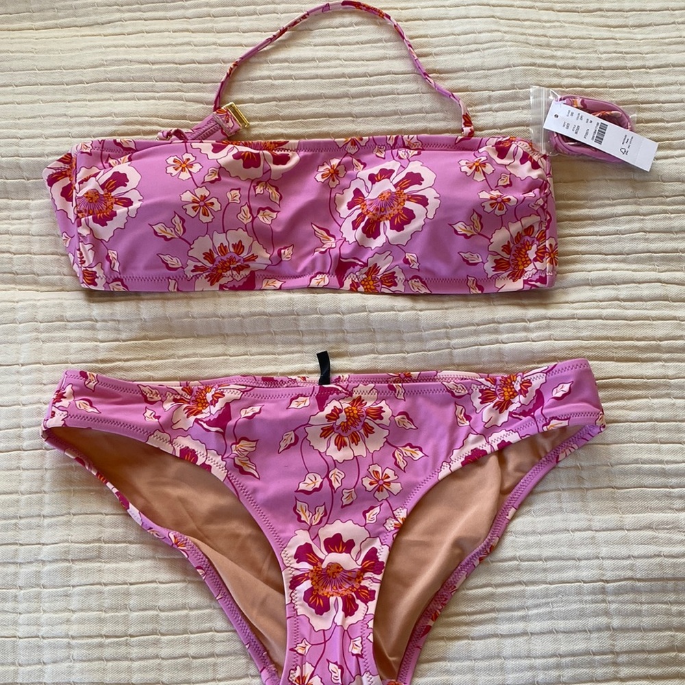 NWT - J Crew pink floral bandeau top and bottom size Medium